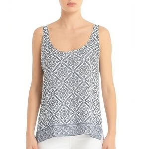 Josie Tank Top Size M Silk  Porcelain Blue White Geometric Hi-Lo Luxe Resort NEW